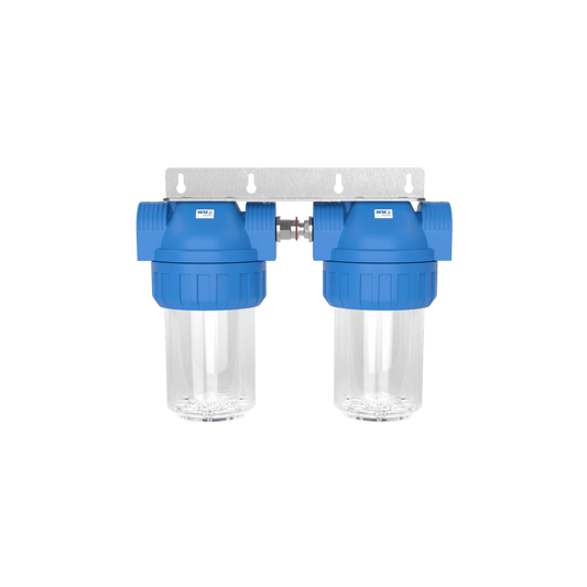 Doppel-Wasserfilter-Gehäuse (Größe S) – ohne Absperrhahn / Innengewinde 1/2" / mit Wandwinkel