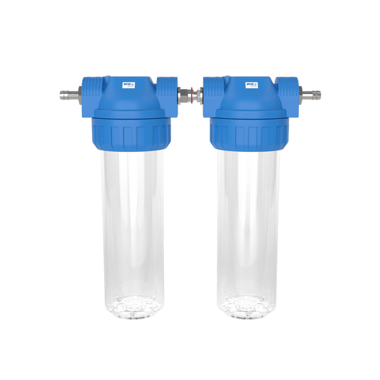 Doppel-Wasserfilter-Gehäuse (Größe M) – ohne Absperrhahn / Schlauchtülle 10mm / ohne Wandwinkel