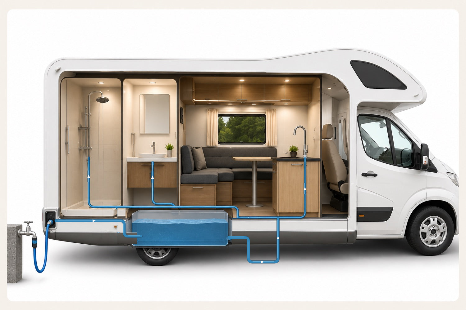 Wohnmobil im Querschnitt mit der Wasseranlage